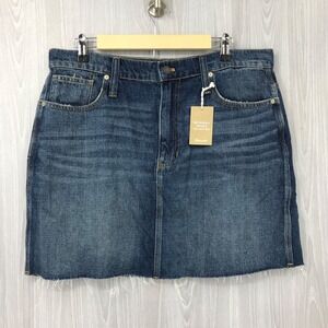 Madewell Medium Wash Cotton Raw Hem Rigid Denim Straight Mini Skirt Size: 32 NEW